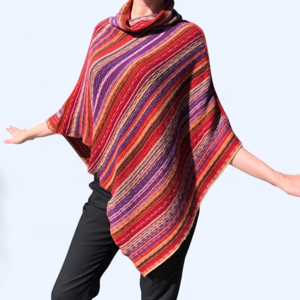 Big Buddha Striped Multicolor Cowl Neck Poncho in Red, Purple, Orange